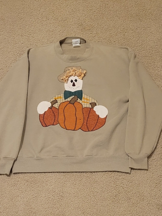 Jerzees Tops - Womans Beige Fall Sweatshirt with Pumpkin Appliqué